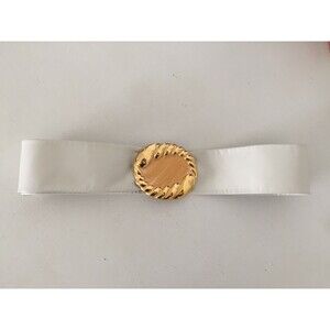 Vtg Soft Ivory Leather Cinch Waist Belt w Nan Lewis Gold Enamel Buckle Statement
